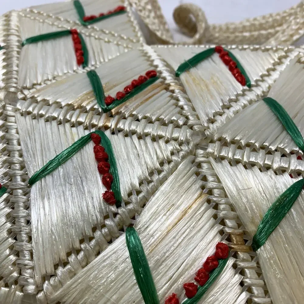 Vintage Woven Raffia Shoulder Bag Red Green Embroidered Folk Art Handbag